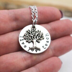 Live Love Teach - Hand Stamped Pendant Necklace - Handmade & Hypoallergenic